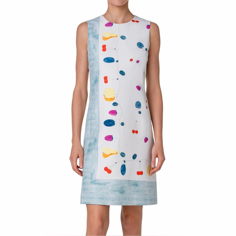 Akris Fruit Print Sheath Dress Cotton Silk Ivory Gray Blue Rainbow Colorful 6